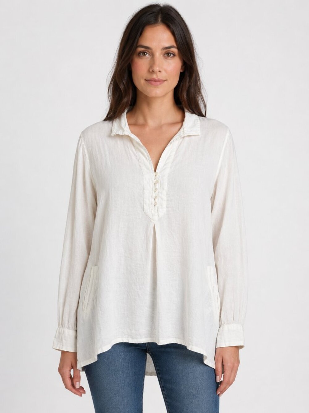 J.Jill Love Linen White Tunic Top Large 100% Linen Roll Tab Sleeve Pockets